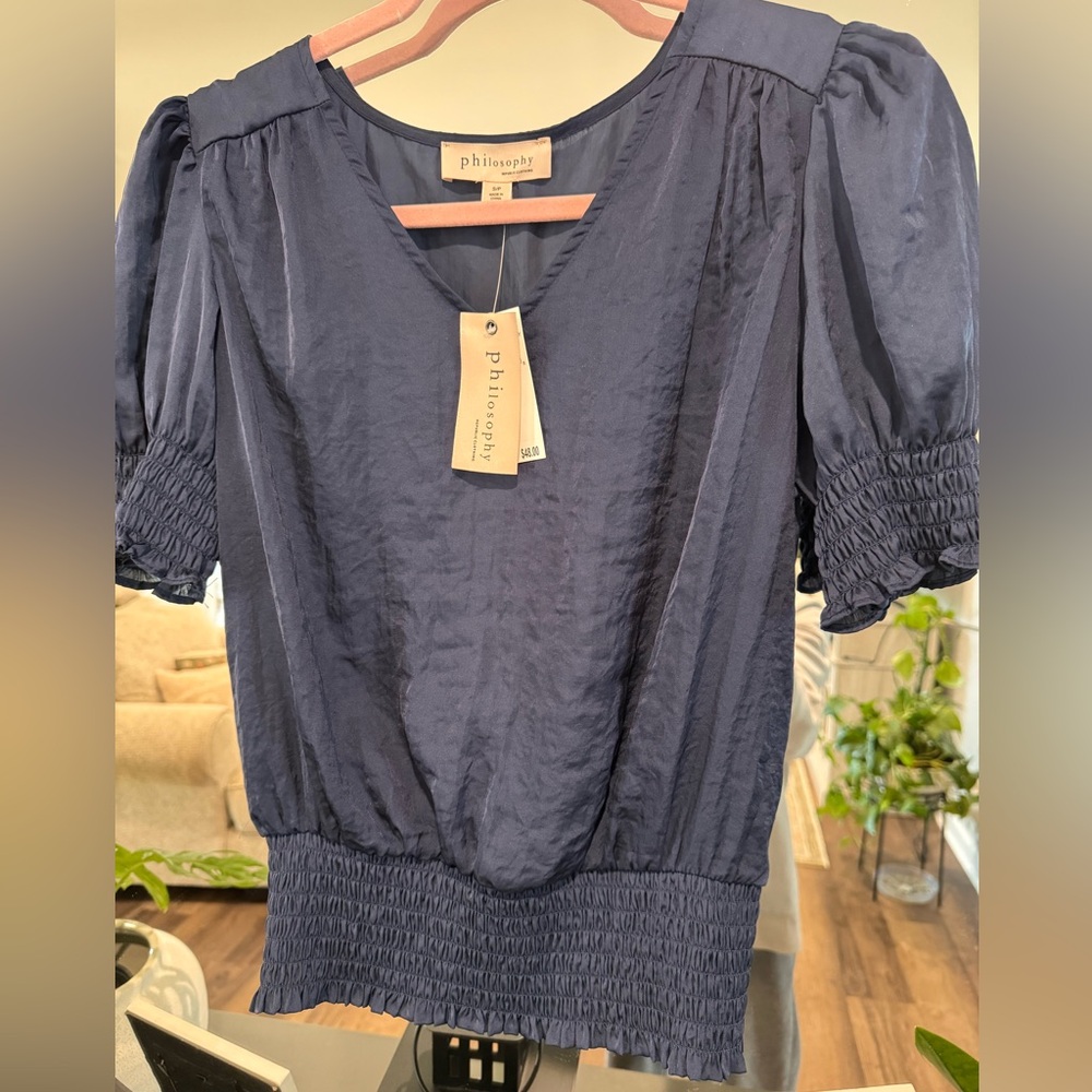 Philosophy Navy V‑Neck Puff Sleeve Smocked Waist Blouse